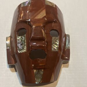 Mexican Mayan Aztec Death Burial Mosaic Abalone Shell Brown Mask Art Sculpture